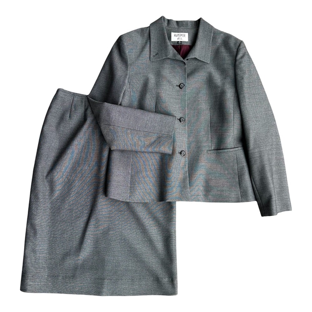 Kasper ASL Suit Set Skirt Blazer Jacket Gray Wool Blend Collar Business Size 14